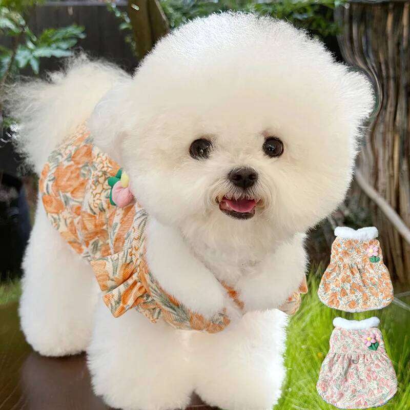 Flower Puppy Tulip Pet Clothes Teddy Dress Winter Warmth Skirt Thickened Dog Cotton Coat with Traction Buckle H260130
