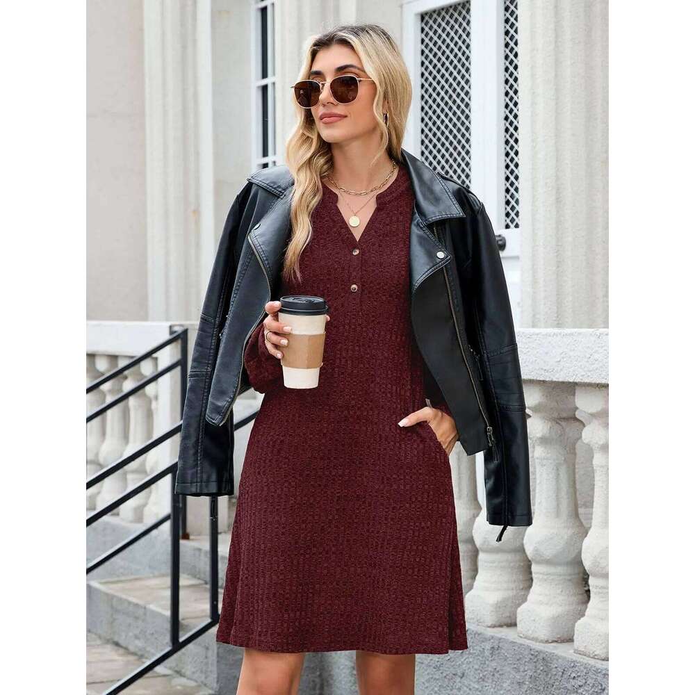 ZAFUL Womens Long Sleeve Fall Dresses with Pockets V Neck Button Casual Bodydoll Knit Sweater Dress 2025 XJ260131