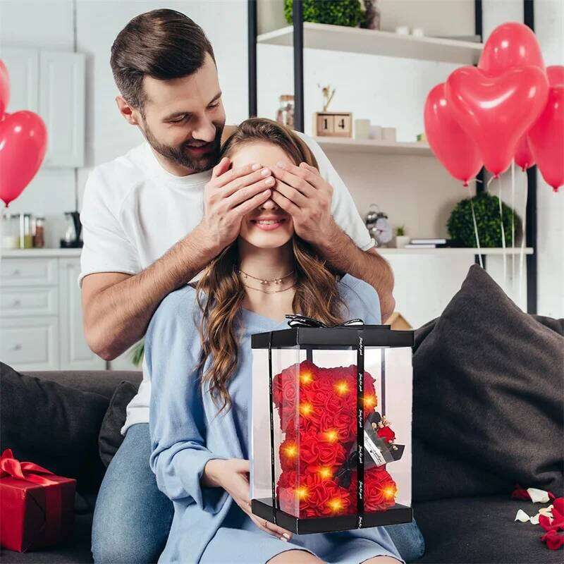 10inch Flower Bear Led Light Mother's Day Anniversary Birthday Girt for Wife Girlfriend Mom with Gift Box and Card Y260131