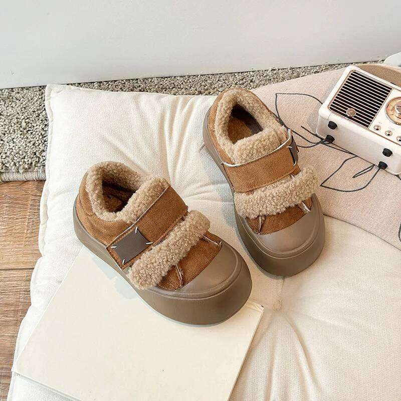 Kids'Casual Solid Color Lambswool Fashion Winter Flat Bottom Shoes For Children Warm Anti-slip Black Yellow Size 26-36 Y260128