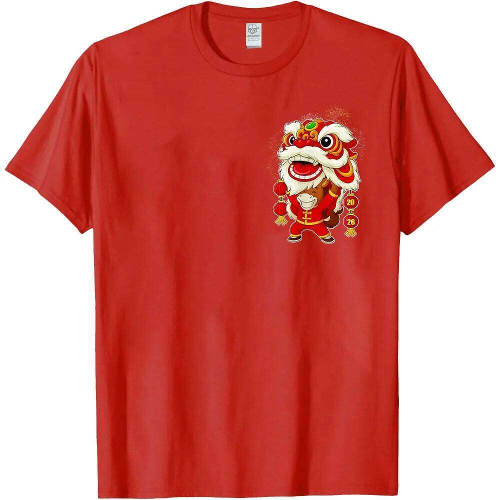 of The Lion Dance Chinese Lunar New Year 2026 T-Shirt Pocket Pattern Horse Men Clothes Cotton Tops C260131