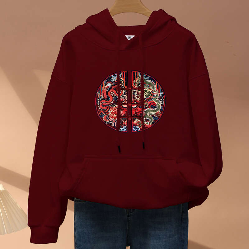 Autumn Winter Warm New Chinese Style Cotton Fleece Hooded Sweatshirt Unisex Imitation Embroidery Heat Transfer National Trend Hoodie Luanyun Luanyun