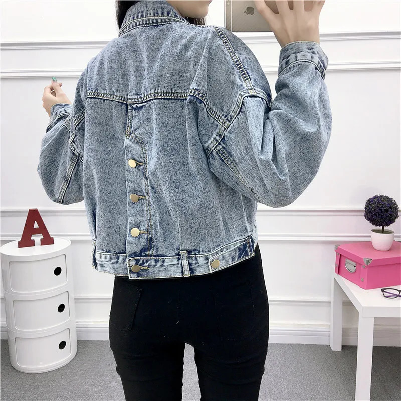 Jean Jacket for Women Spring Autumn Korean Bat Sleeved Short Top Loose BF Style Student Fashion Turndown Collar Denim Coat 260120