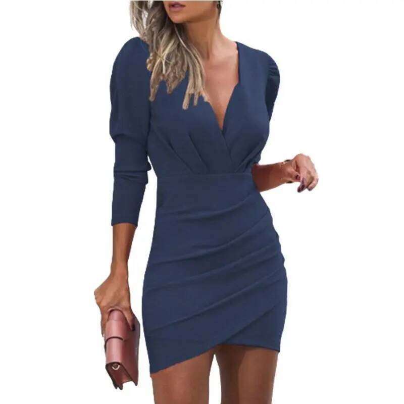 6-Color V-Neck Long Sleeved Slim Women's Solid Color Pleated Sexy Dresses Lady Spring Autumn Birthday Party Mini Dress XJ260131