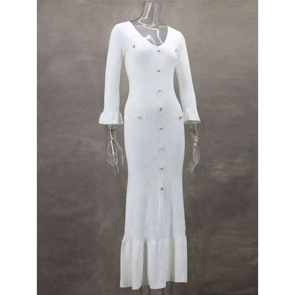 Elegant Solid Knitted Dresses For Women Fashion V-neck Long Sleeve Single-breasted Dress Female New Office Lady Street Robe XJ260131