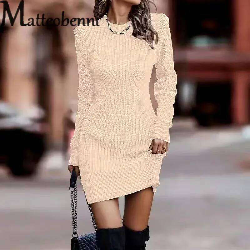 Women Solid Color Knitted Wrap Hip Dress Autumn Winter Crew Neck Pullover Long Sleeve Dressy Female Knitwear Slim Fit Short Gown XJ260131