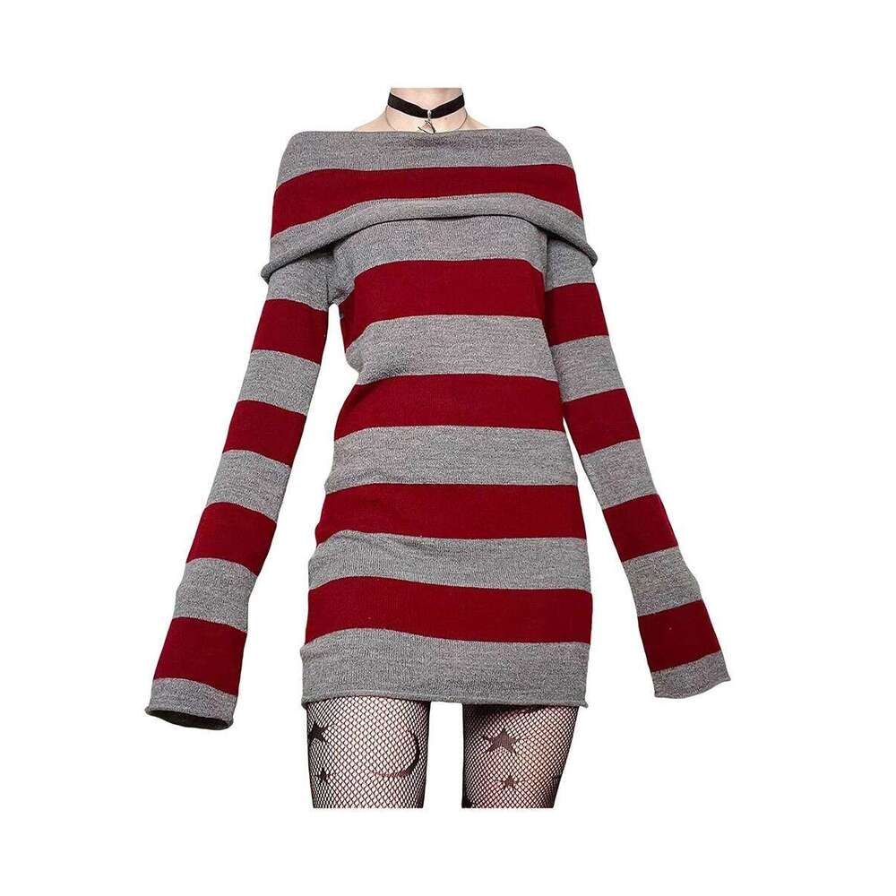 Women Y2K Knit Mini Striped Long Sleeve Off Shoulder Bodycon Short Sweater Dress Trendy Night Club Streetwear XJ260131