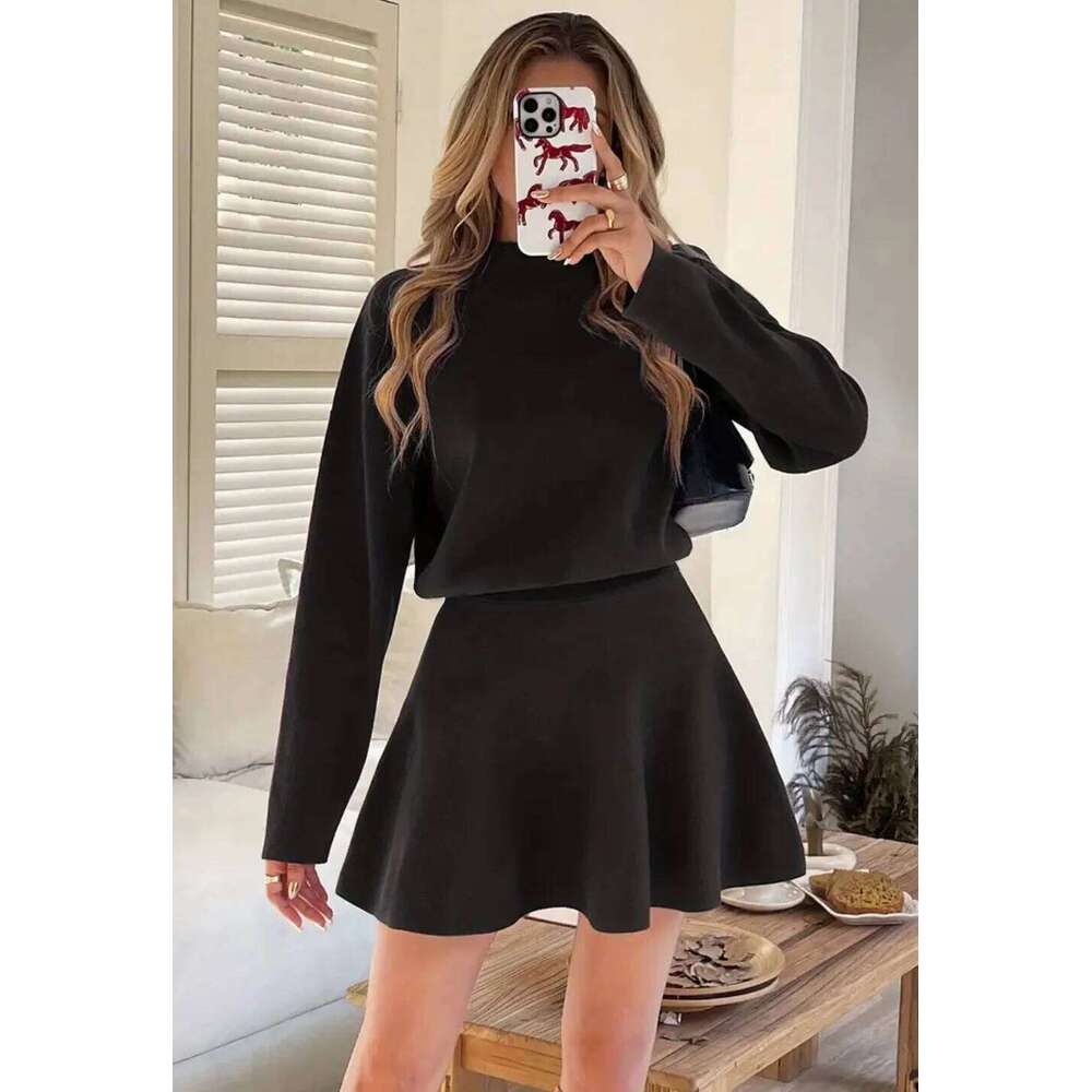 Autumn & Winter New European-American Casual Knit Two-Piece Set: Mock Neck Long-Sleeve Sweater + High-Waisted A-Line Mini Skirt, XJ260131
