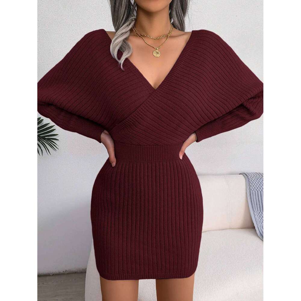 Sexy Cross Deep V Neck Batwing Sleeve Knitted Skirt with Hip Wrapping Autumn Winter Ribbed Design Party Dress for Woman XJ260131