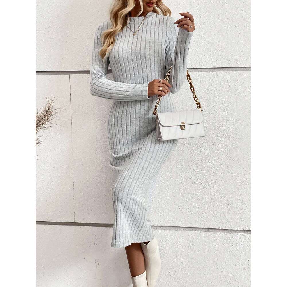 Cross border European American women's spring autumn knitted tight and sexy buttocks wrapped mid length dress XJ260131
