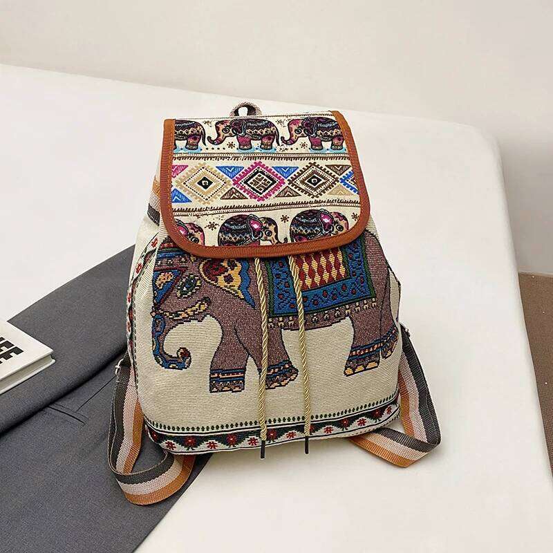 Ethnic style embroidery jacquard canvas women's double shoulder bag with academic style, large capacity, drawstring closure and