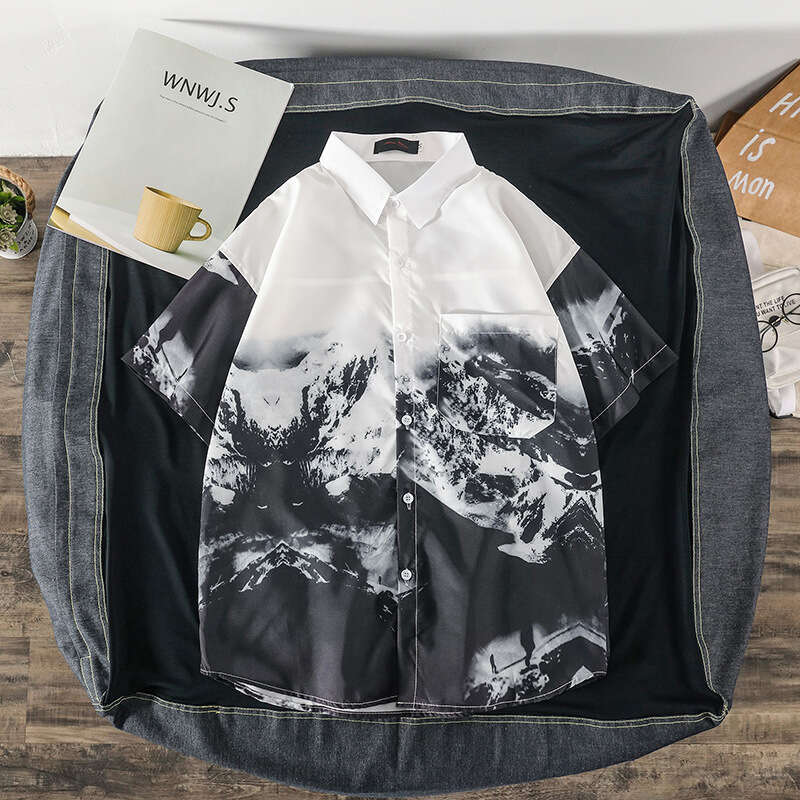 Wukong In Stock Trendy Brand Retro Ink Painting Full Print Short Men Summer Loose Couple Casual Half Sleeve Shirt Luanyun Luanyun