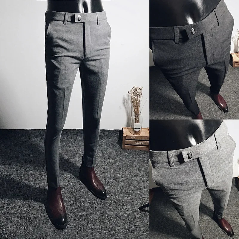 Casual Business Mens Black Stretchy Cropped Pants Trendy Korean Style Slim Fit Suit Summer Wear 260120