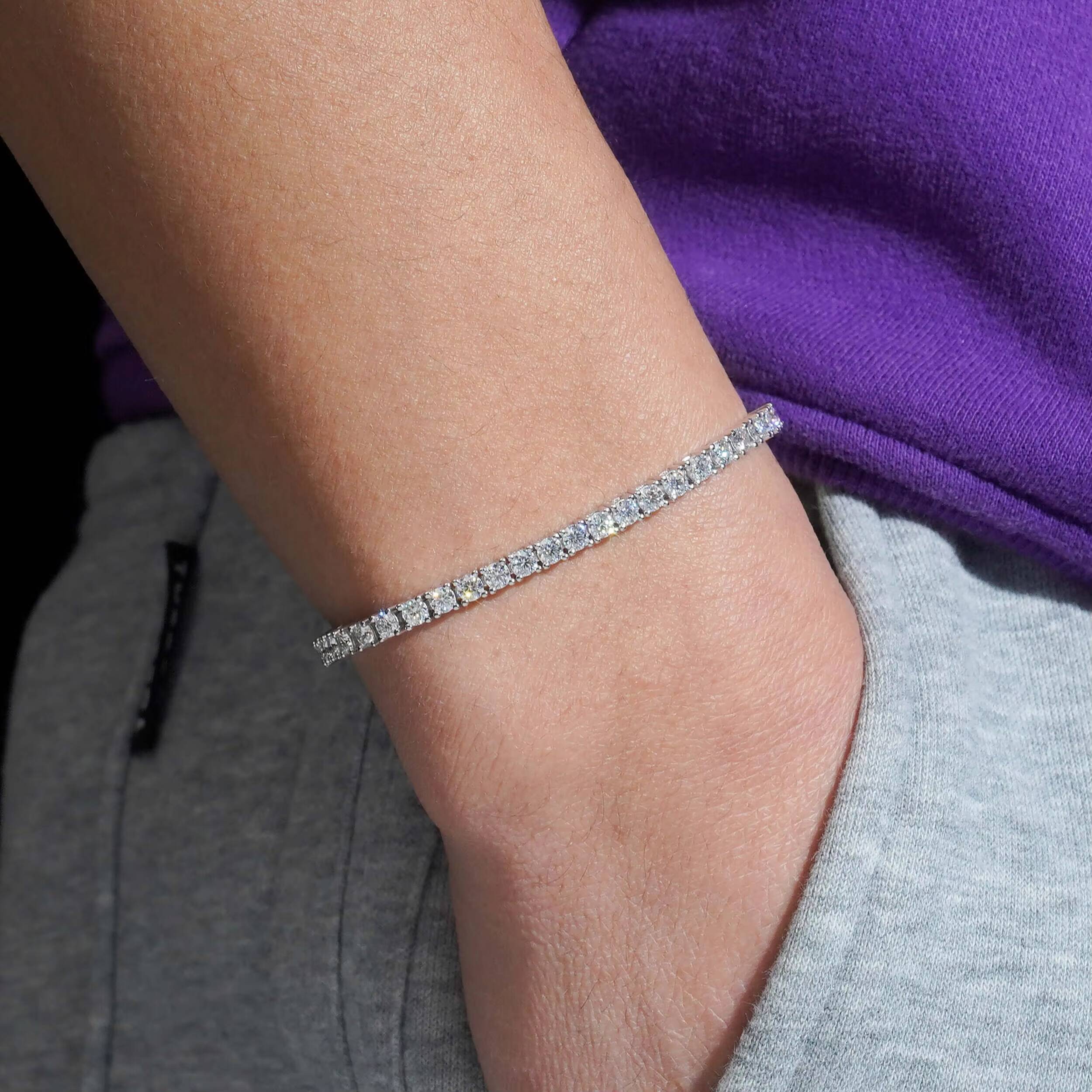 IGI Certificated Unisex Iced Out Solid Silver VVS Lab Diamond Tennis Bracelet 3MM 10 Pointer