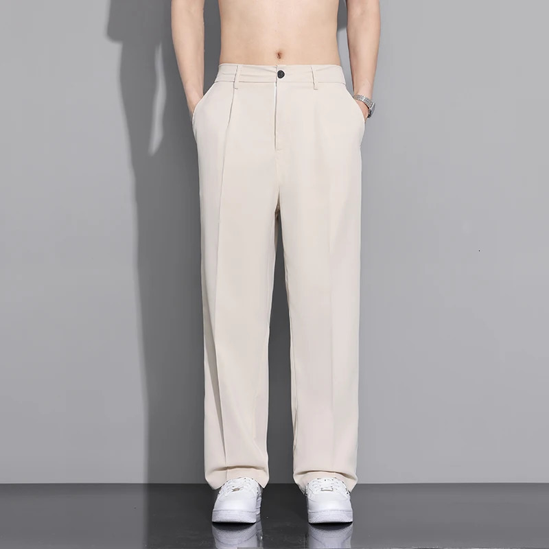 Beige Suit Pants Men Loose Fit Fashion Social Mens Wide leg Dress Korean Casual Straight Office Formal Trousers 260120