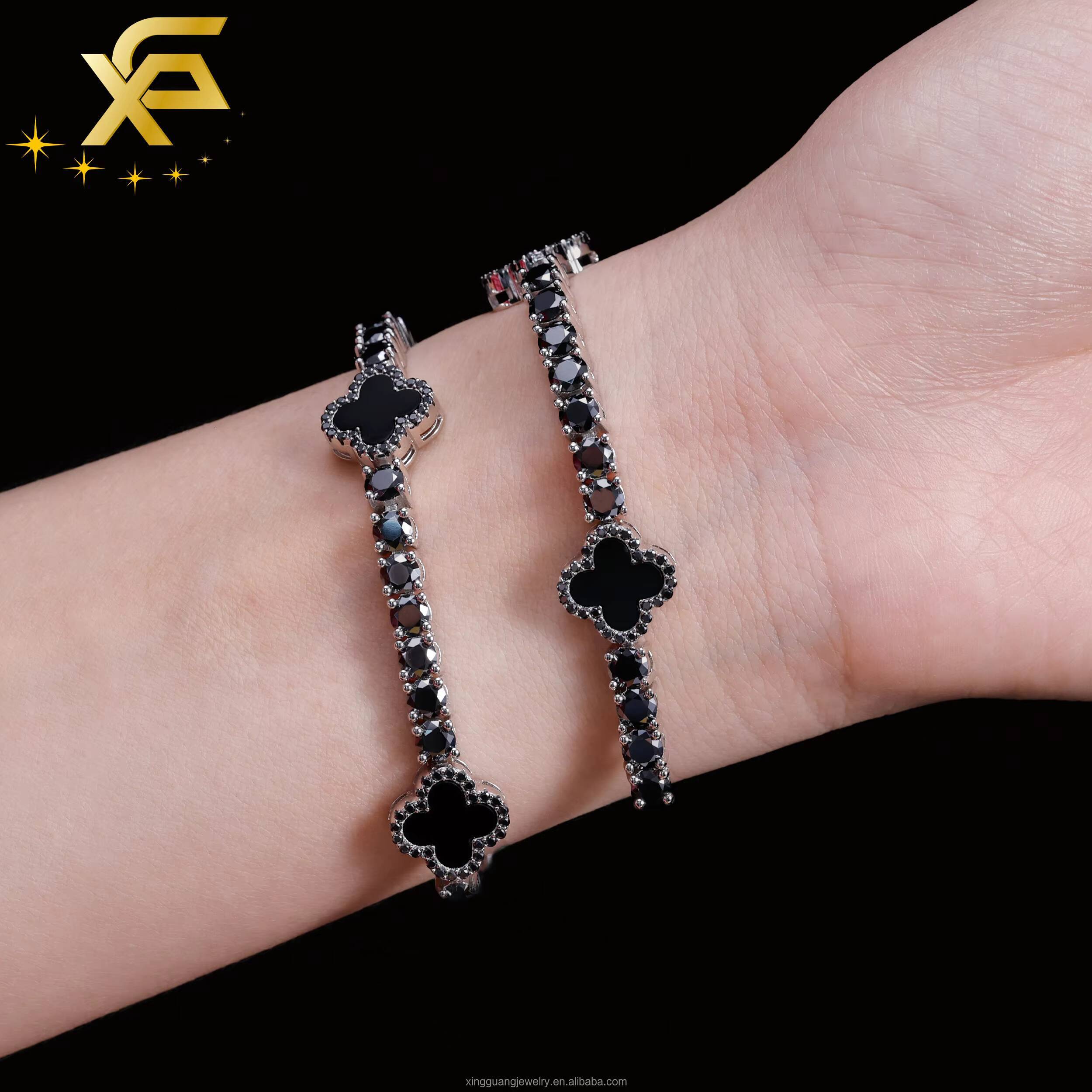 Black Color Moissanite Four Leaf Clover Bracelet S925 Silver 3mm-5mm VVS Moissanite Clover Tennis Bracelet For Women