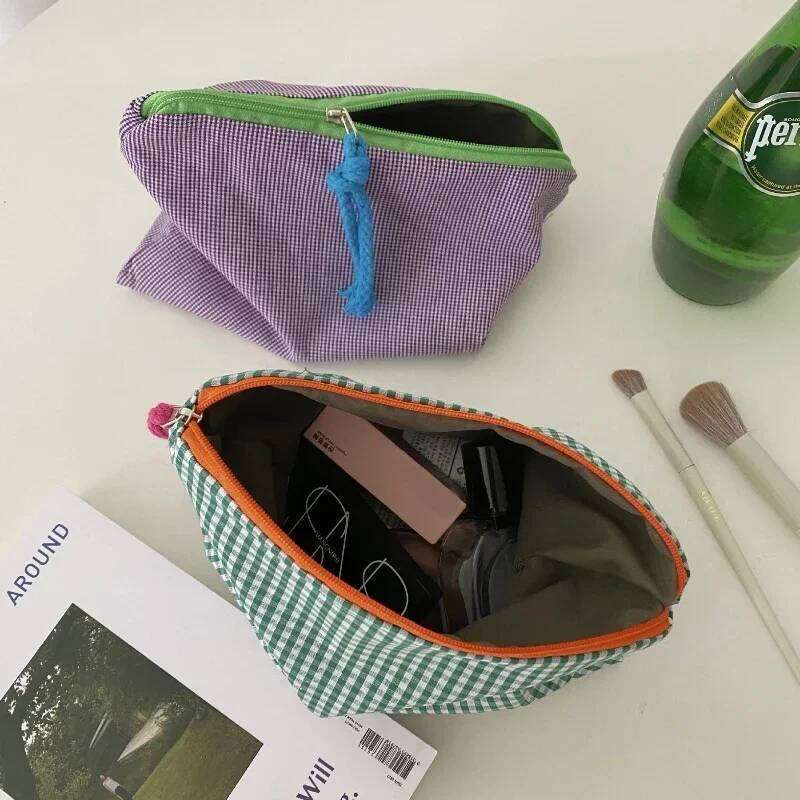 Women Girls Plaid Makeup Cotton and Linen Cosmetic with Zipper Pouch Simple Portable Large Capacity Storage Bag Fashion