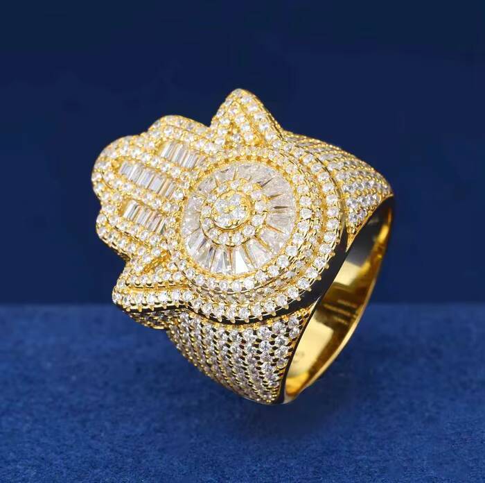 Men Rings Luxury Design Engraved Round Cut Moissanite Hip Hop Ring Original 925 Sterling Silver Iced Out Hamsa Hand Ring