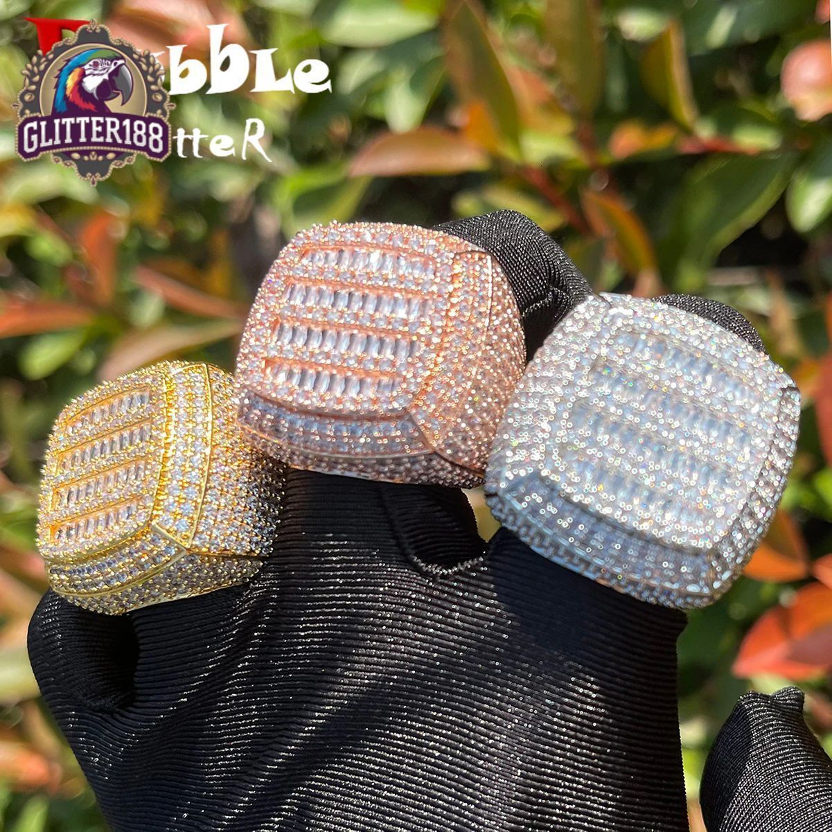 Roise Mens Cross-Border European American Style Hip-Hop Square Ladder Silver Geometric Gold Plated Natural vvs moissanite Fashion Ring