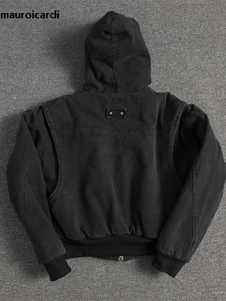 Mauroicardi Autumn Winter Short Thickened Warm Oversized Canvas Washed Padded Jacket with Faux Fur Inside Loose Casual Hoodie 260122