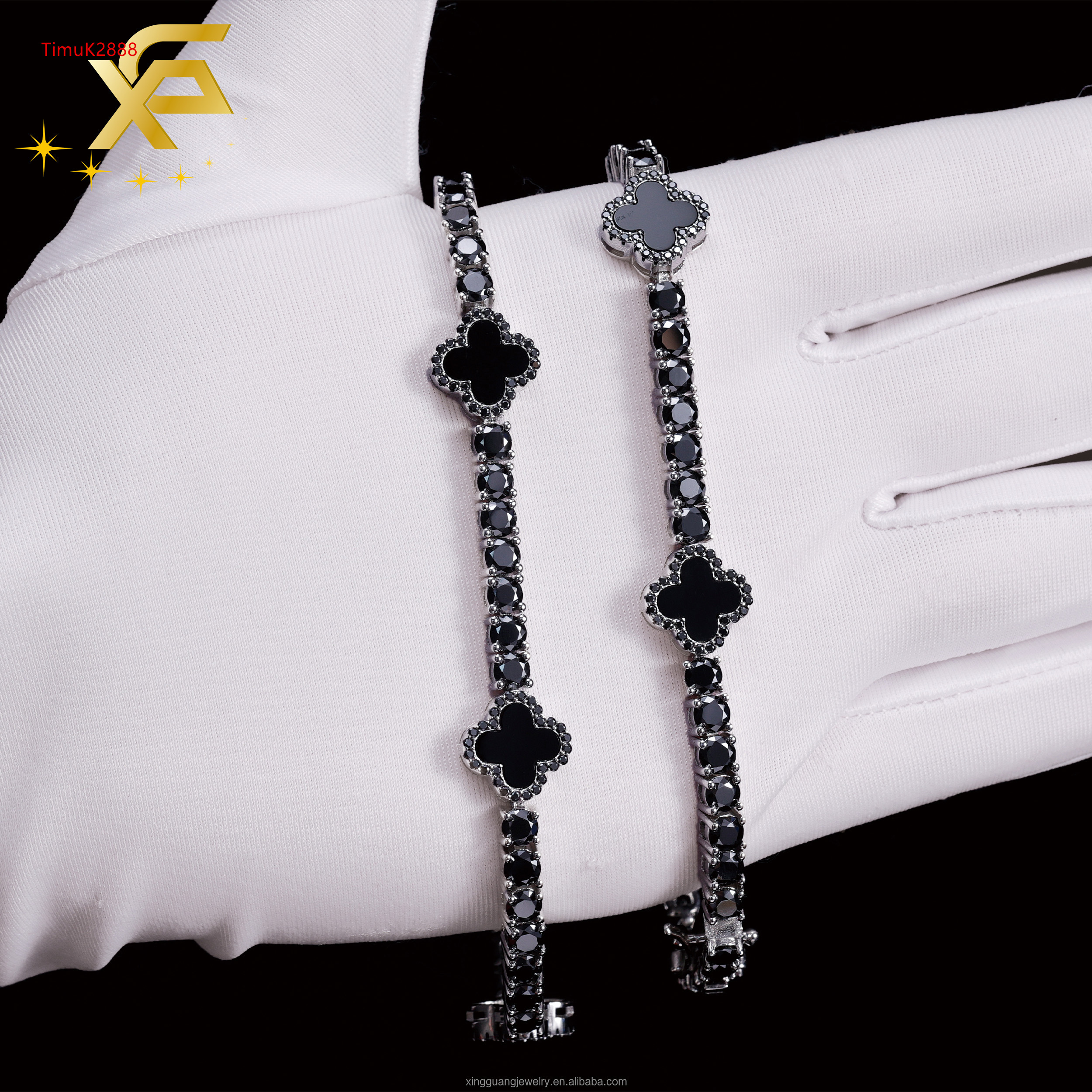 Black Color Moissanite Four Leaf Clover Bracelet S925 Silver 3mm-5mm VVS Moissanite Clover Tennis Bracelet For Women