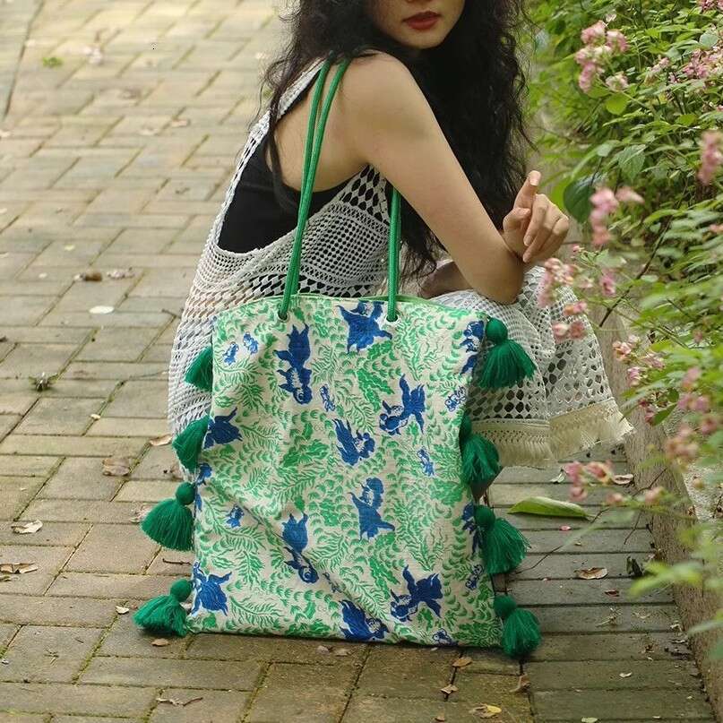 Artistic Niche Ethnic Tassel Large Capacity Underarm Color-Block National Style Single Shoulder Spring Summer Original Canvas Bag MASA