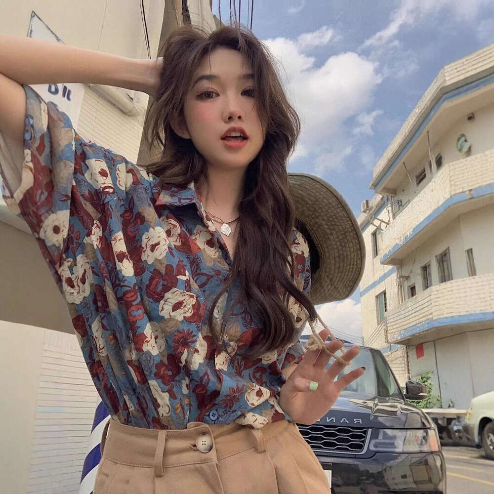 Hawaiian Floral For Women Summer Beach Hong Kong Style Loose Niche Retro High-End Feel Short Sleeve Chic BF Shirt