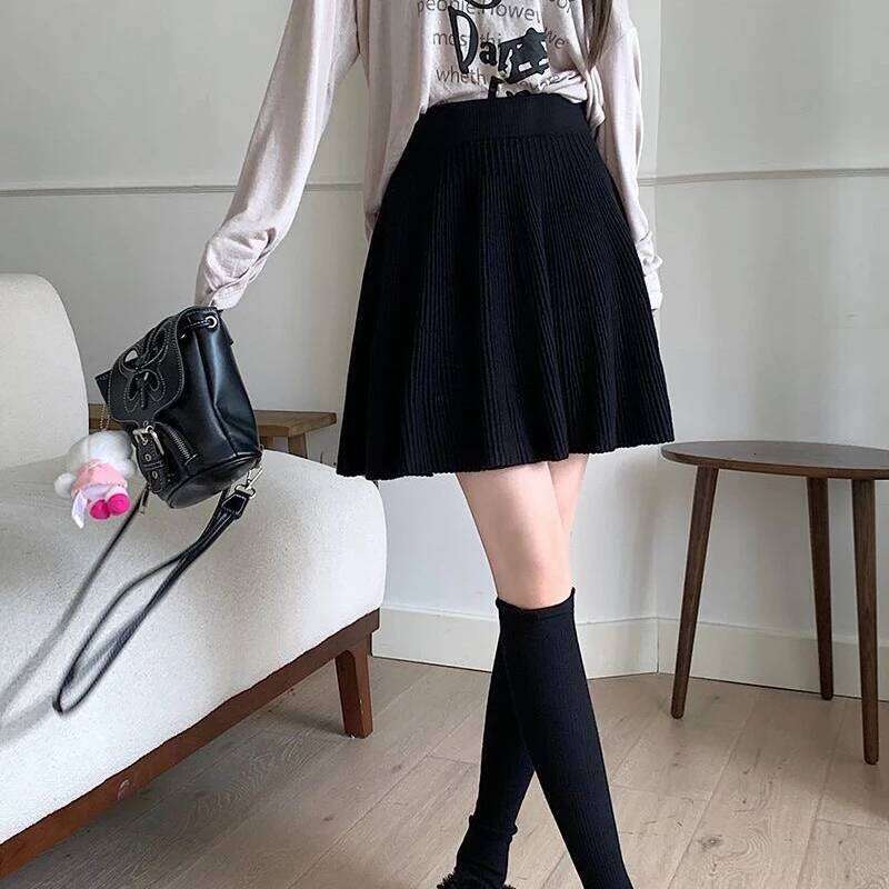 Autumn Winter Knitted White Mini Women Korean High Waist A Line Pleated Skirt Woman Preppy Style All Match Short Skirts XJ260131