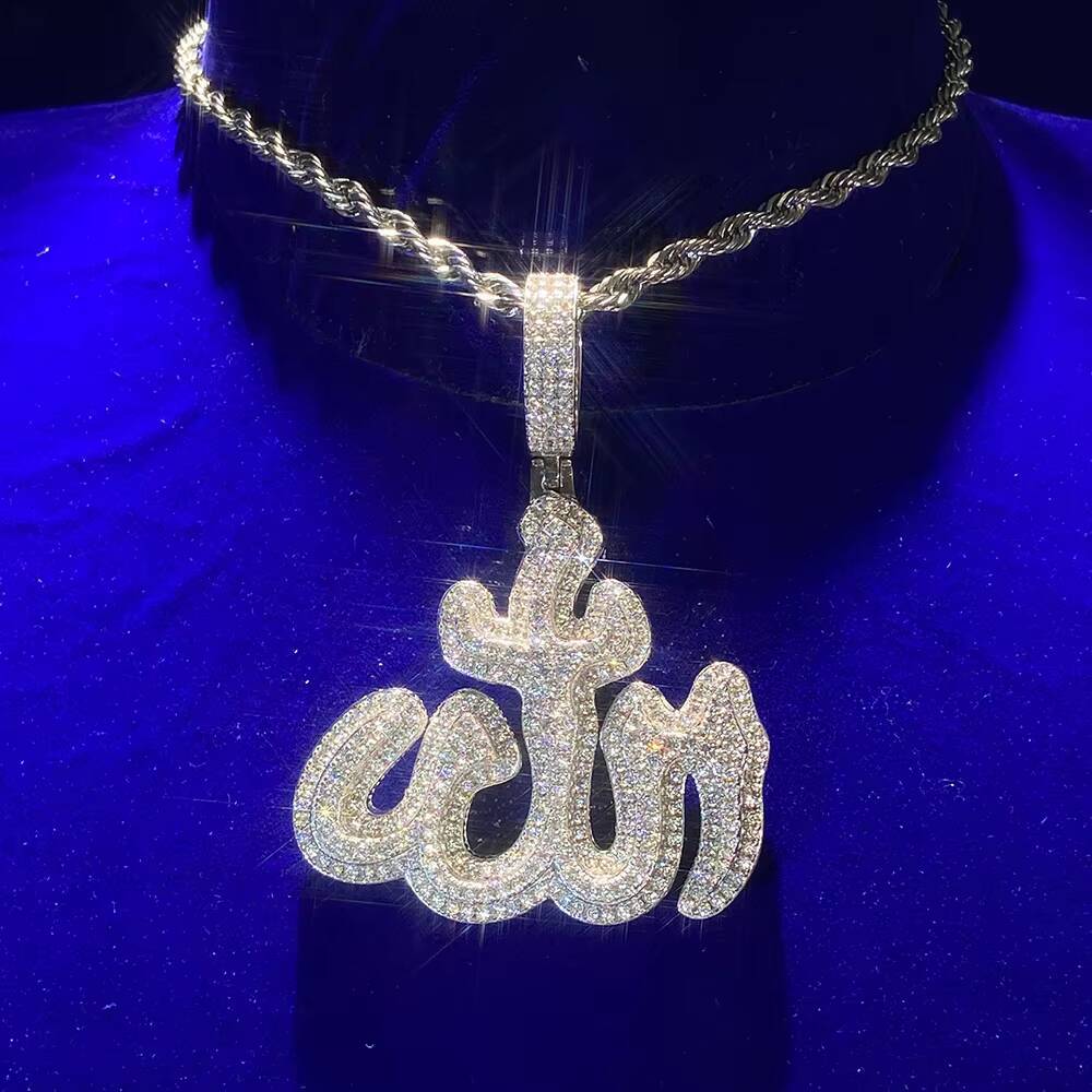Best Selling Hiphop Wholesale Jewelry Factory Religious 3D Effect Silver Moissanite Allah Arabic Pendant for Men