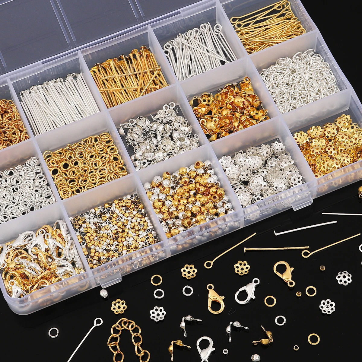 15 Grid Box DIY Metal Accessories Jewelry Making Material Set For Jewelry Making Bracelet Earrings Accessories About 1260pcs 260124