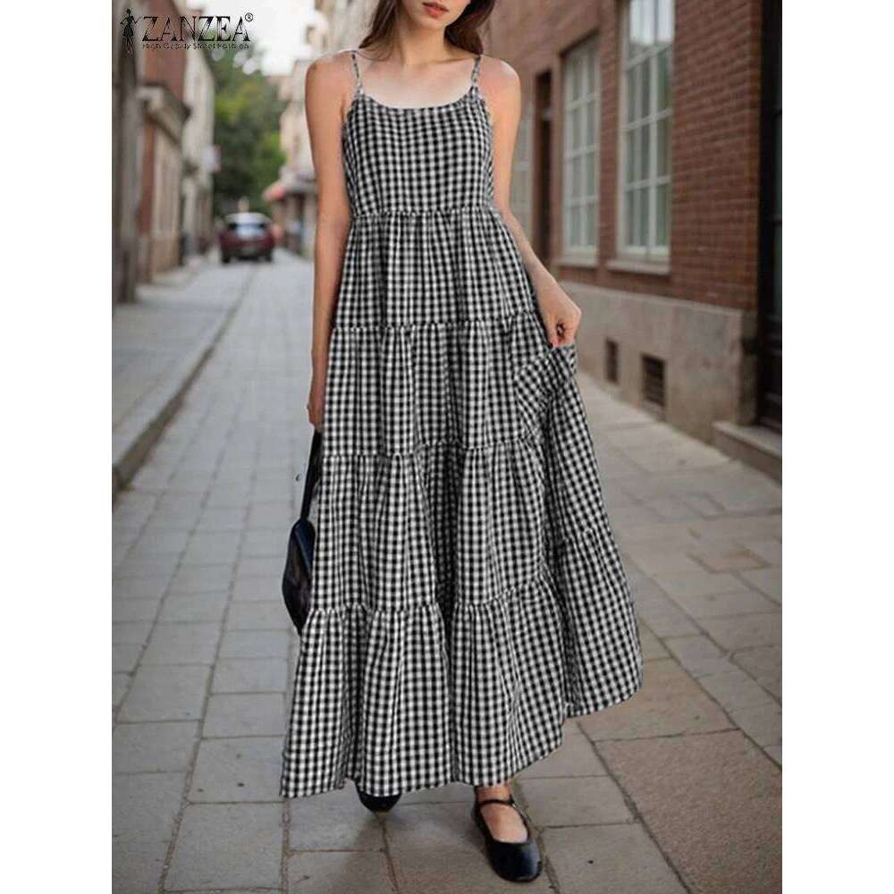 2025 ZANZEA Summer Elegant Sleeveless Maxi Dress Women Straps Dresses Bohemian Holiday Sundress Fashion Plaid Checked Vestidos XJ260131