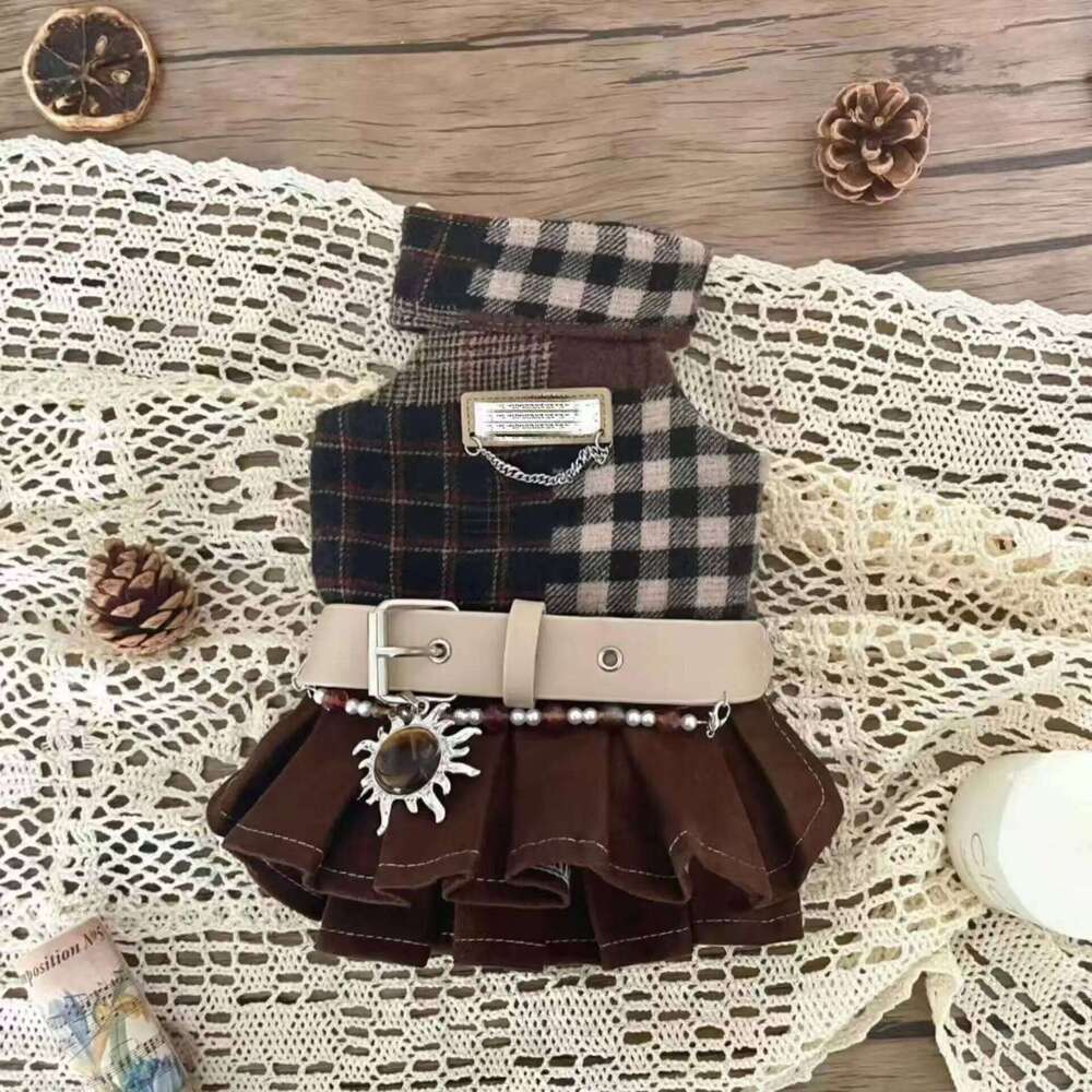 Egyptian Latin Style Pet Tank Dress For Autumn In Brown Check Pattern Featuring Small Dog Vest Skirt H260130