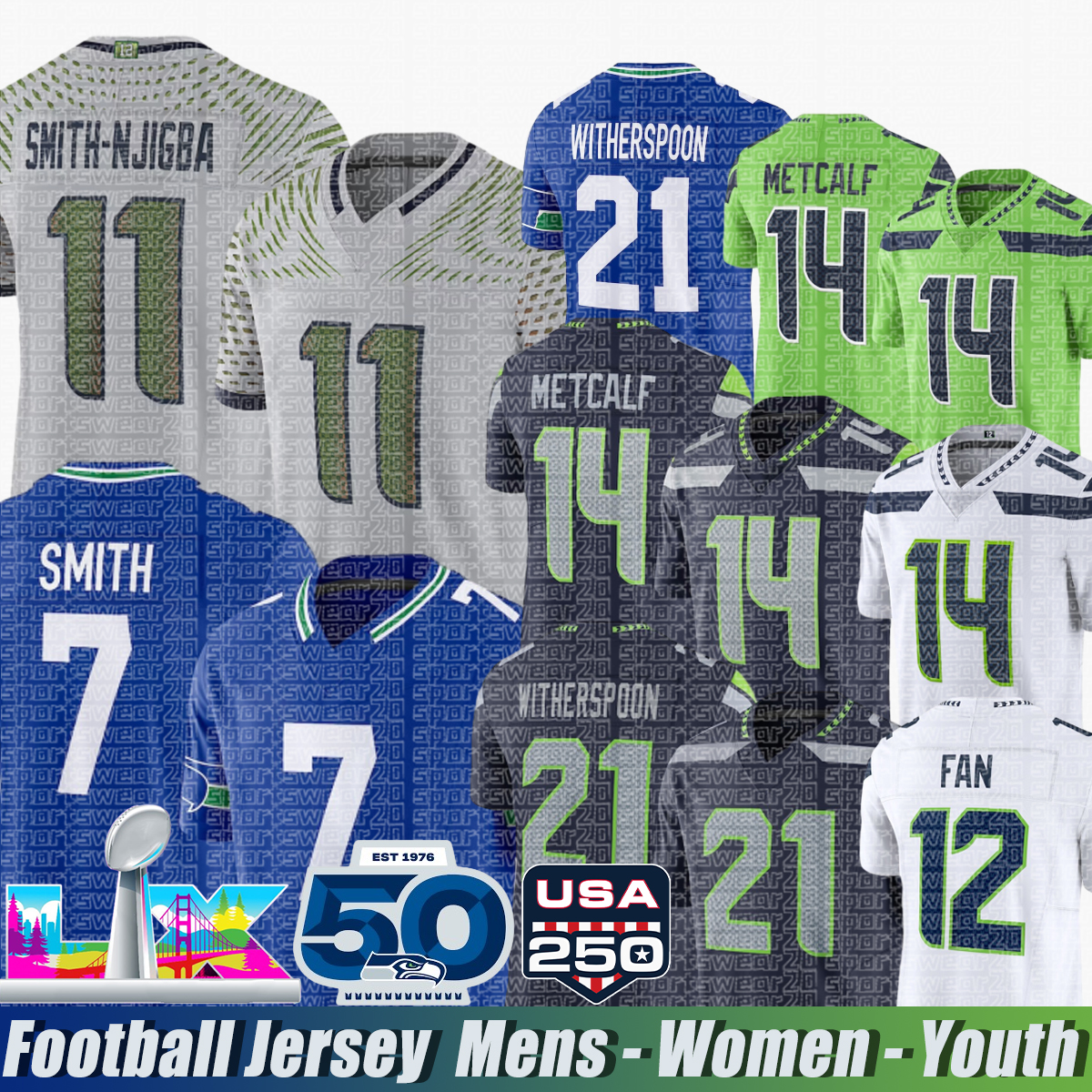 Seattle city Seahawksjersey USA 250 Patch Cooper Kupp Sam Darnold Jaxon Smith-Njigba Devon Witherspoon Tariq Woolen Kenneth Walker Byron Murphy Football Jerseys