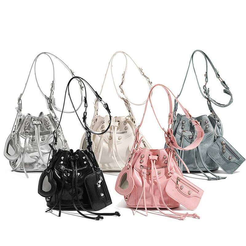 New Versatile Drawstring Shoulder Fashion Bucket Style Rivet Biker Design Premium Casual Commuter Crossbody Bag