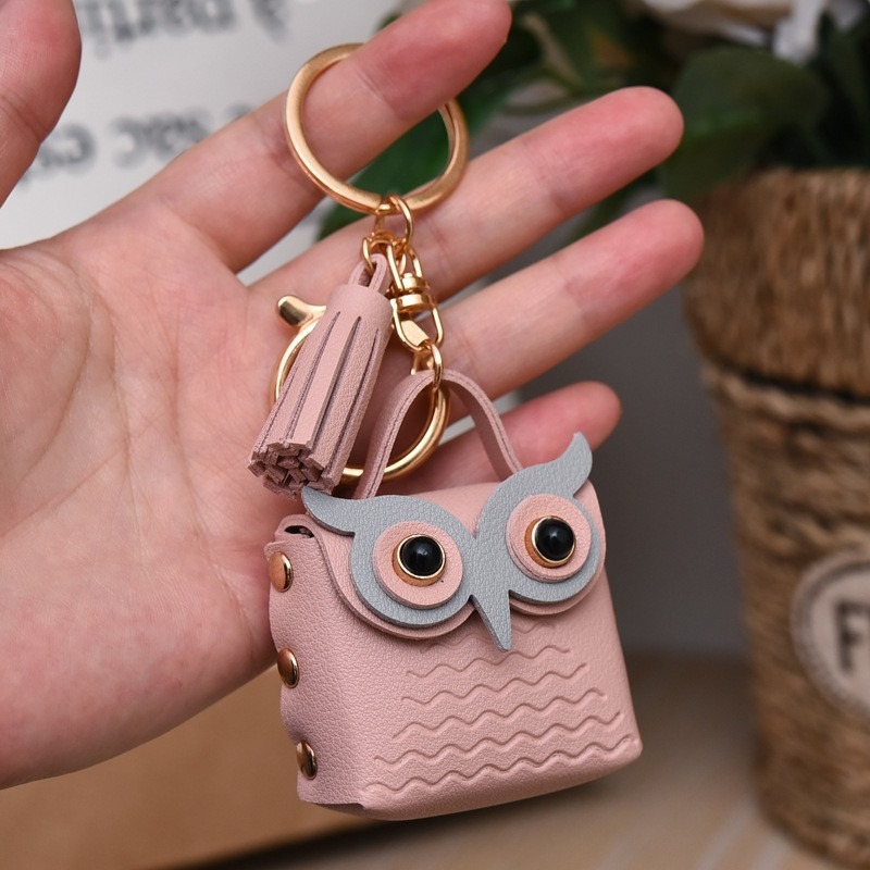 Purse Mini Owl Keychain Leather Keychain Cute Tassel Pendant for Women Bag Charm Car Key Accessory Fashion birthday gift Small Gift