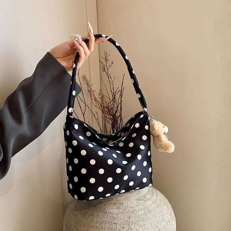 Women's Satin Polka Dot Korean Shoulder Large Capacity Bucket Bag Hangbag For Women With Pendant
