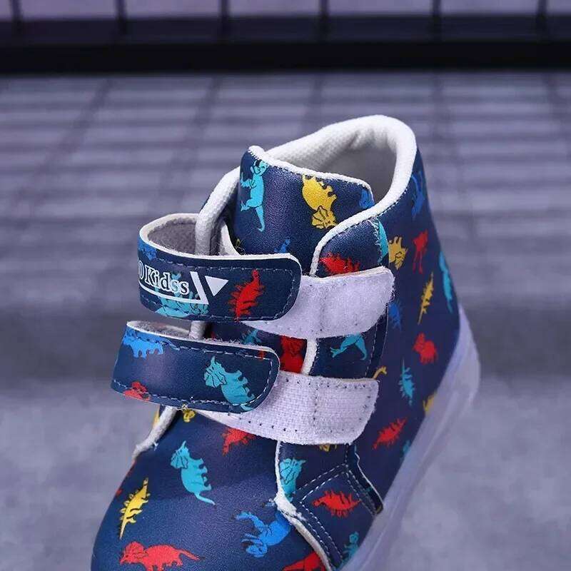 Children's High Top Sneakers 2024 New LED Lighted PU Kids Fashion Dinosaur Print Boys Casual Luminous Board Shoes Y260128
