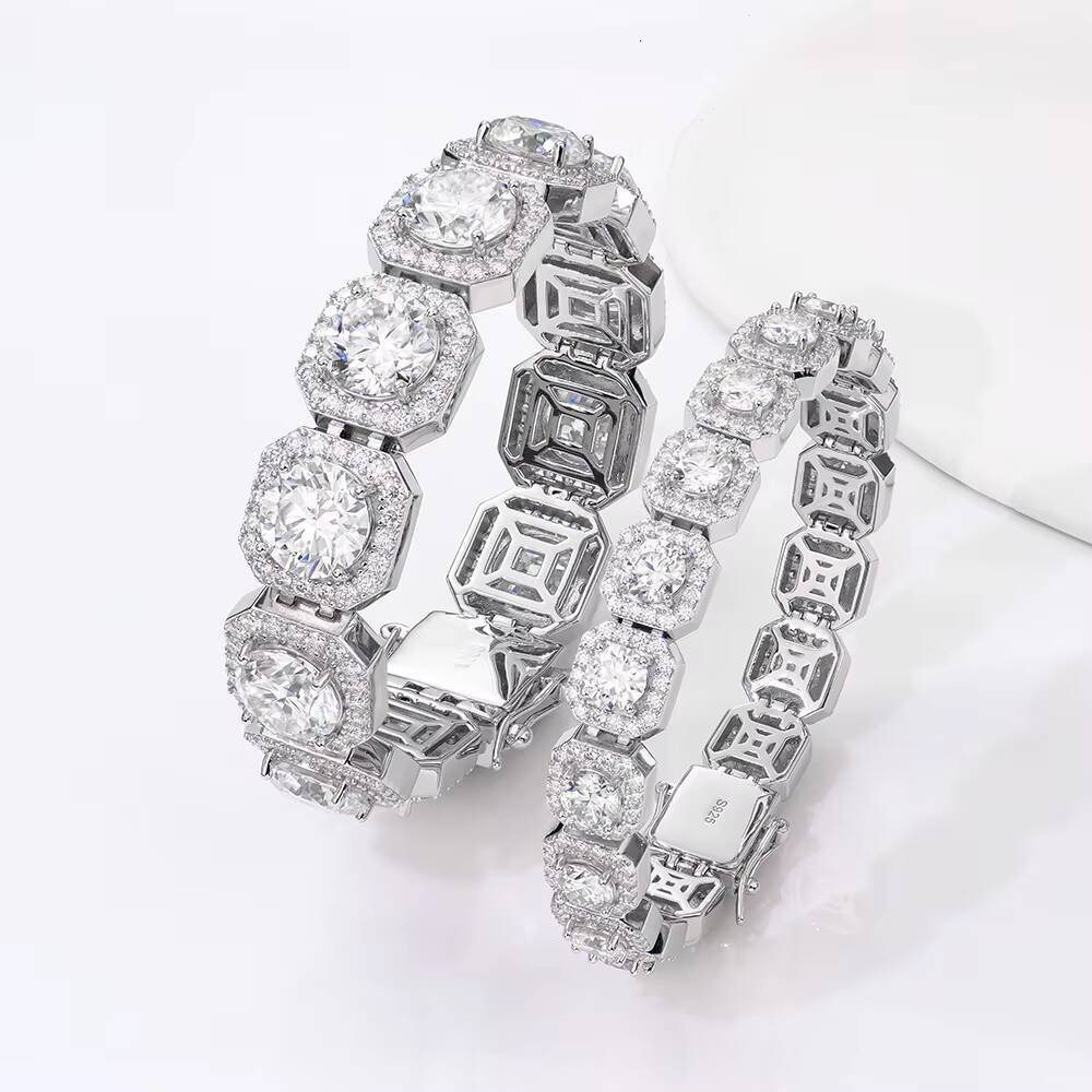 8/11mm Iced Out Silver Square Tennis Cuban Chain Bracelet 1 Row Clustered Diamond Tennis Bracelet Hip Hop Jewelry for Men