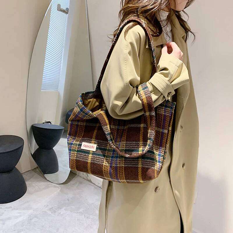 Tote Women's Bag Shoulder Wool Shopper Bags For Women Large Capacity Autumn Winter New Soft Plaid Ladies Travel Designer Handbag