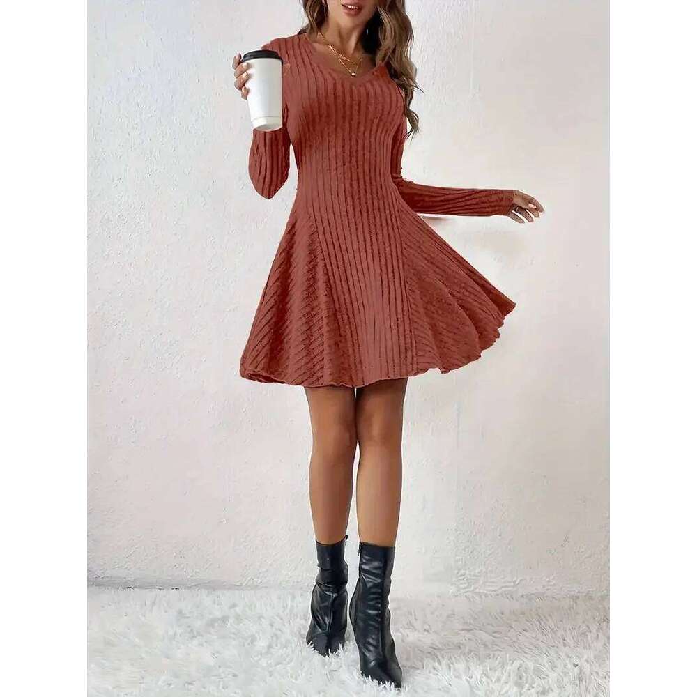 Women's V-Neck Knit - Long Sleeve Swing Mini Dress, Elegant Bodycon Short Dress XJ260131