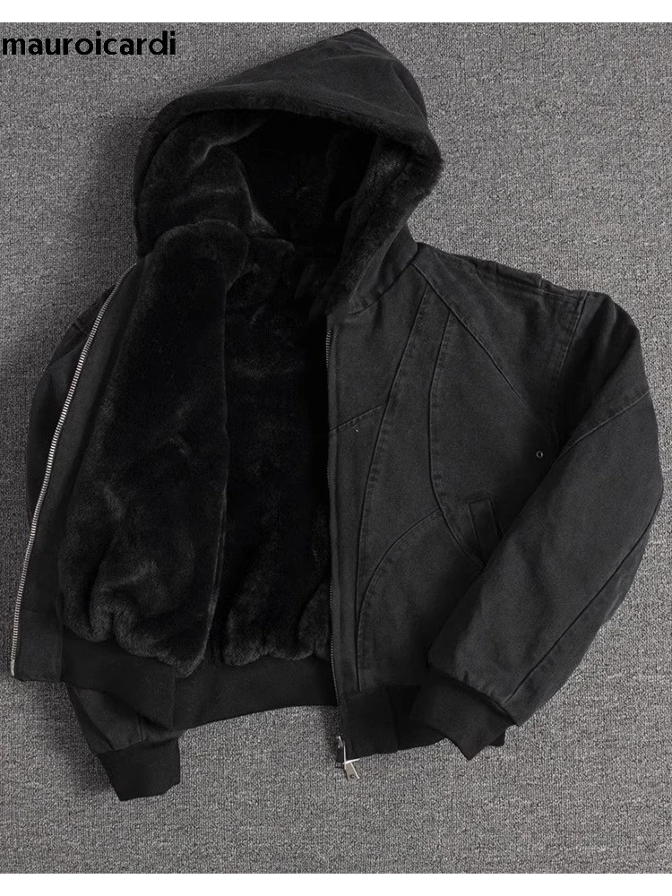 Mauroicardi Autumn Winter Short Thickened Warm Oversized Canvas Washed Padded Jacket with Faux Fur Inside Loose Casual Hoodie 260122