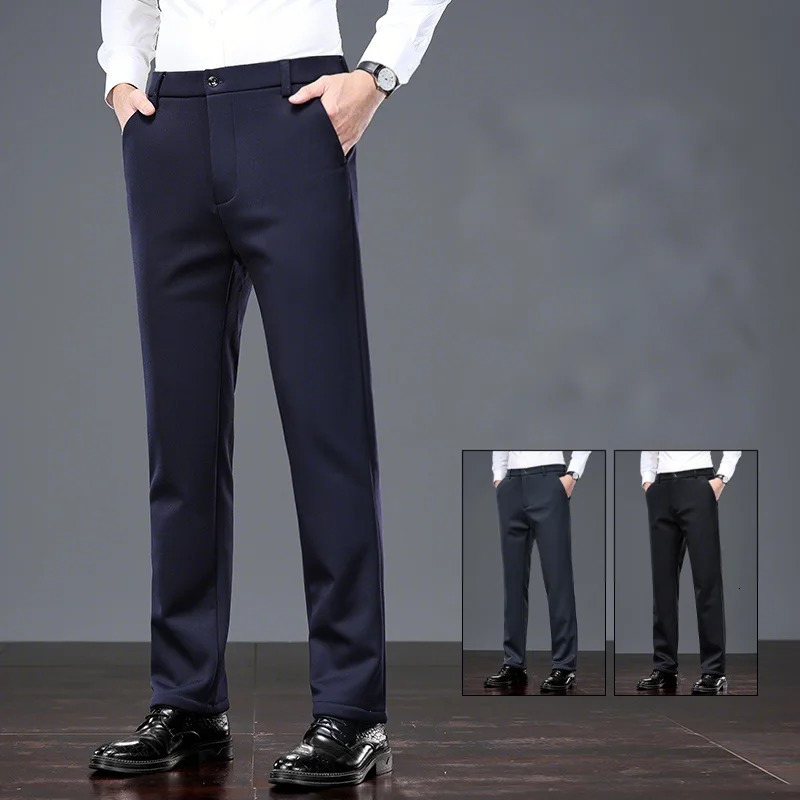 Mid Age Mens Pants Winter Thermal Dress Trousers Thick Warm Business Casual Office Wear Elastic Waistband Plus Size 260120