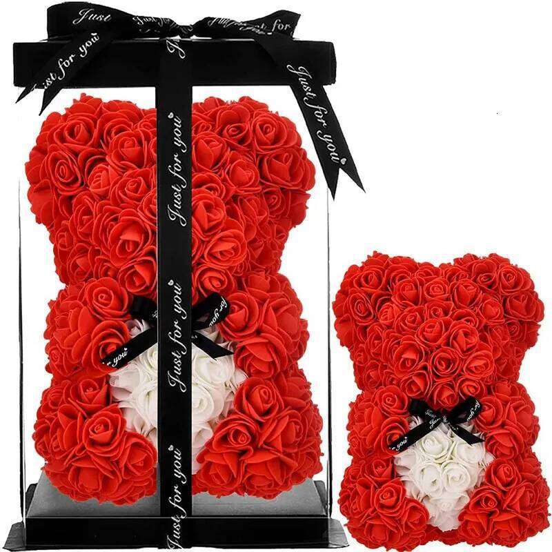 25cm Artificial Flowers Bear White Red Rose Valentines Day Gift Box Girlfriend Anniversary Wedding Dedcoration Y260131