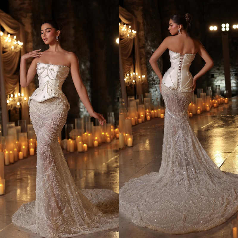 Elegant Strapless Crystal Wedding Dresses Fashion Sequined Beaded Bridal Dress Sweep Train Bride Gowns Customized