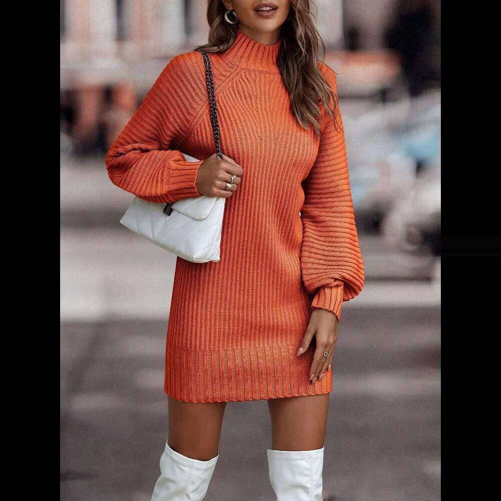 High Collar Long Sleeve Knitted Sweater Dress, Casual Dresses, Monochromatic, New Fashion, Autumn and Winter XJ260131