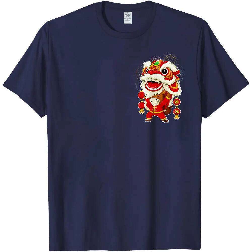 of The Lion Dance Chinese Lunar New Year 2026 T-Shirt Pocket Pattern Horse Men Clothes Cotton Tops C260131
