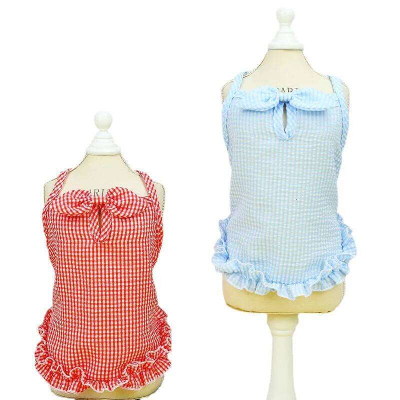 Dog Bowknot Dress Comfortable Soft Square Neck Sleeveless Plaid Print Puppy Pet Supplies H260129
