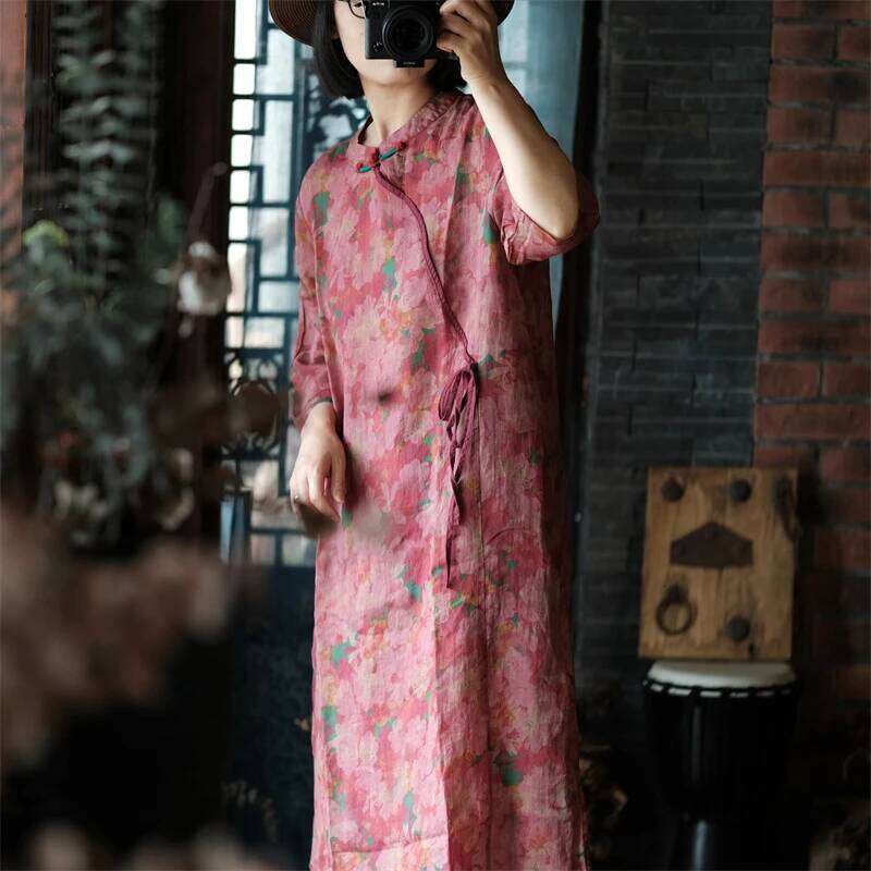 Chinese Style Women Linen Casual Dress New Spring Vintage Mandarin Collar Floral Print Loose Female Long Dresses M1061