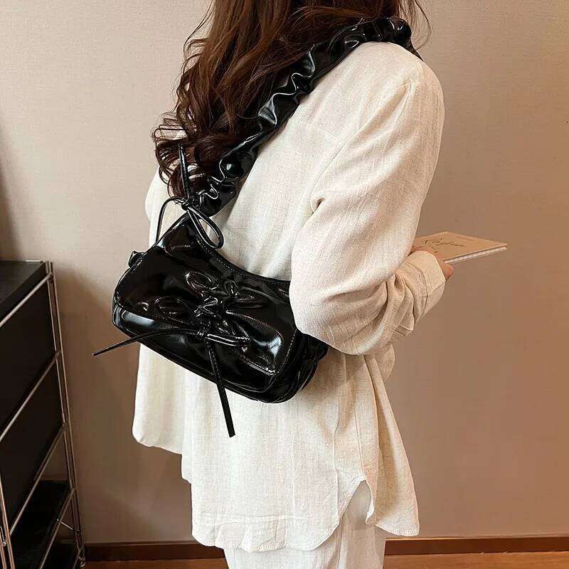 Cute Bow Design PU Leather Crossbody Bags for Women 2026 Y2K Trend Fashion Pleated Shoulder Bag Lady New Handbags and Purses