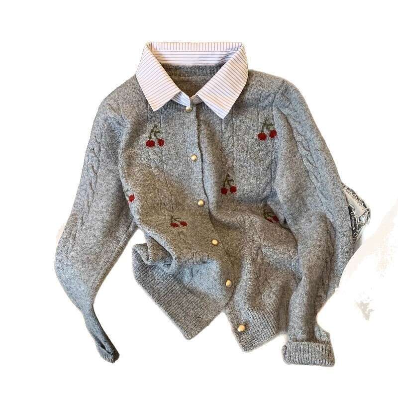 Counter Withdrawal Cut Label Fake Two-Piece Shirt Collar Sweater Coat Women Autumn Winter New College Style Soft Knitted Cardigan